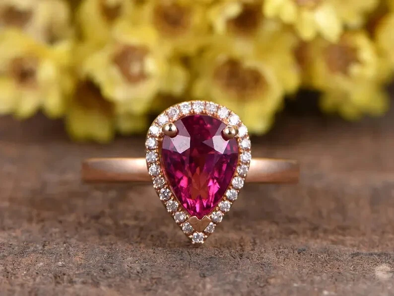 18K Gold Plated 925 Sterling Silver Rubellite Pear Cut Red Bridal Ring for Her - Image 1 of 4