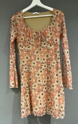 Primark Girls Ladies Floral Orange Brown beige mesh Short dress size 10 - Image 1 of 4