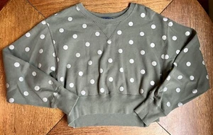 Abercrombie Fitch Sweatshirt Women XS Olive Green Gold Polka Dot Cropped Shirt - Picture 1 of 6