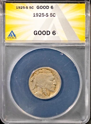 1925-S 5c Indian Head Buffalo Nickel G 6 ANACS # 7786794 + Bonus - Image 1 of 2