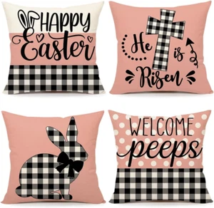 Easter Throw Pillow Covers 18 X 18 Inch Set of 4, Pink Buffalo Plaid Farmhouse H - Picture 1 of 12