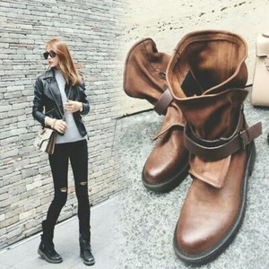 Neu modische Damen-Biker Leder Schnalle Riemen lässig mittlere Wade Stiefel Schuhe@di11 - Bild 1 von 9