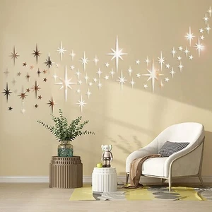 Mirror Wall Stickers Gold Acrylic Star Mirror 3D Wall Decal Peel and Stick Wa... - Picture 1 of 9