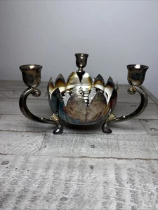 Vintage 3 armige Herzstück Kandelaber Mittelvase mit Blumenfrosch versilbert - Bild 1 von 9