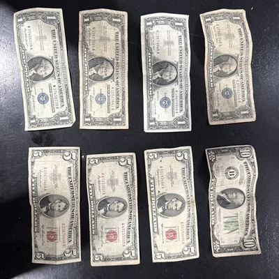 Old US Currency 8 Bills 4 One Dollar Notes 3 Five Dollars Note and 1 Ten Dollar - Image 1 of 4