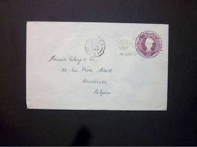 GB Stationery STO QEII 6d purple embossed Envelope LONDON to Belgium H&B ES82 - Image 1 of 2