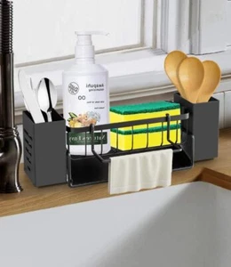 Spülbecken Organizer Spülbecken Caddy Lappenhalter Stahl Utensilien Korb Schwarz - Bild 1 von 13