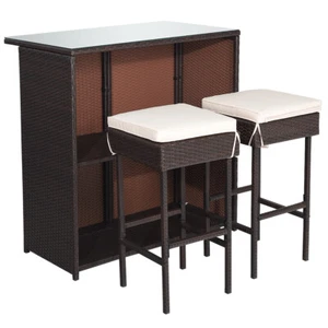 3 Pieces Patio Rattan Wicker Bar Table Stools Dining Set Cushioned Chairs Garden - Picture 1 of 6