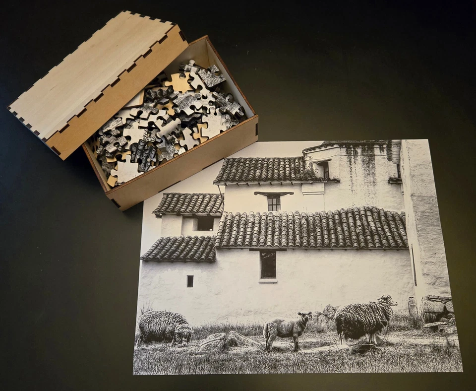 150 pc wood jigsaw puzzle Old World Farm building B&W charming scene - Image 1 of 1