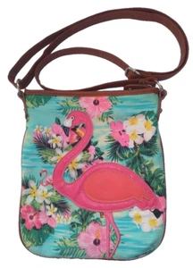 Flamingo Canvas N Leather Tropical Cross Body Bag w Makeup Bag Purse - Picture 1 of 6