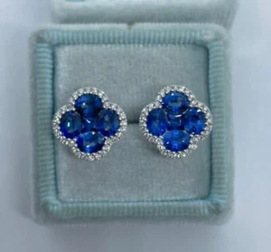 3Ct Oval Cut Lab-Created Blue Sapphire Clover Stud Earrings 14KWhite Gold Plated - Picture 1 of 10