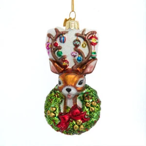 Traditional Deer with Ornaments and Wreath Glass Ornament 4.5" - Picture 1 of 1