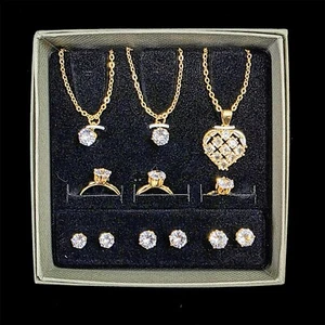 NEW Women's Gold Tone Crystal Jewellery Set Heart Necklace Earrings Rings Gift - Picture 1 of 9