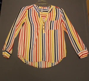 Dna Couture Womens Sm multicolor Striped Collared 3 Button Blouse pocket - Picture 1 of 10