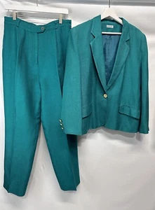 Ann May Vintage 80’sPant Suit 100% Silk Emerald Green Jacket SZ 12 & Pants Sz 14 - Picture 1 of 15