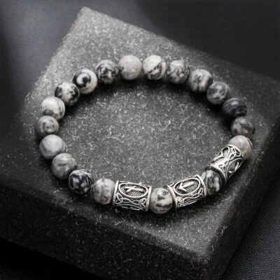 Vintage Men Mjolnir Hammer Engraved Nordic Runes Bracelet 8mm Stone Bracelets - Image 1 of 4