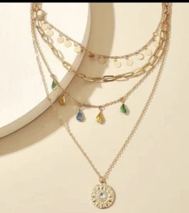 Four Layer Tier Rainbow Tear Drop And Medallion Discs Gold Adjustable Necklace. - Picture 1 of 2