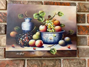 OIL Painting FRUIT STILL LIFE WITH BLUE TRANSFER WARE-12"x 16" NEW - Picture 1 of 1