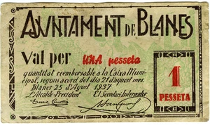 # SPAIN CIVIL WAR 1937 • BLANES 1 PESETA MUNICIPAL ☆ GUERRA CIVIL ESPAÑOLA☆C5141 - Picture 1 of 2