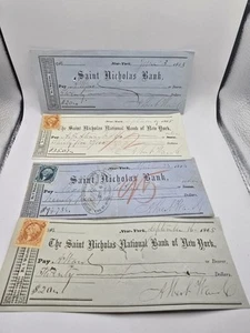 CIVIL WAR DATED LOT OF 4 SAINT NICHOLAS BANK CHECKS STAMPS ALBERT WARD Set 2 - Picture 1 of 5