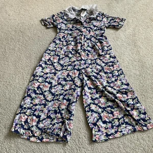 Vtg Kaine & Co 90s Jumpsuit Romper One Piece Girls 8 Floral Wide Leg - Picture 1 of 8