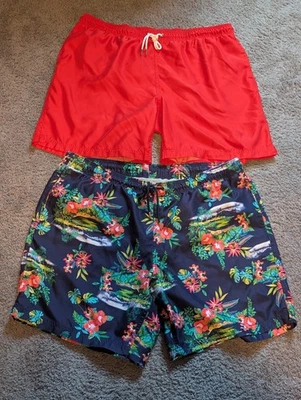 Lot Of 2 Lands End Mens Swim Trunks XXL 44-46 Navy W/ Red Hawaiian Flowers & Red - Image 1 of 4