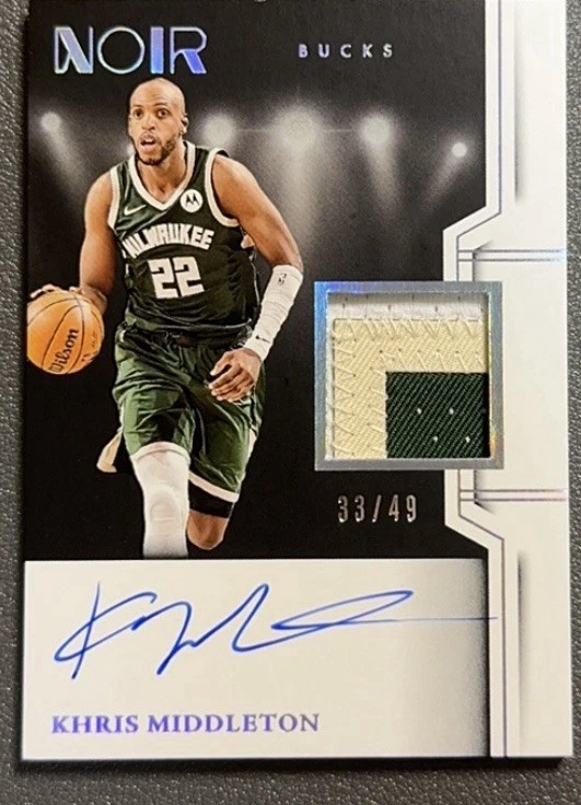 Parche autógrafo Milwaukee Bucks/49 Panini Noir Khris Middleton 2024-25 uso en juegos Foto 1 de 2