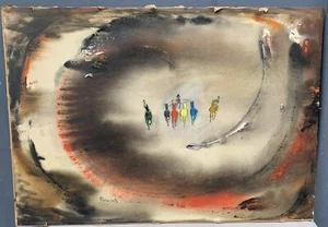 Tableau Ancien Aquarelle Animaux Chevaux Arène Art Naif Poucette (1935-2006) - Foto 1 di 16