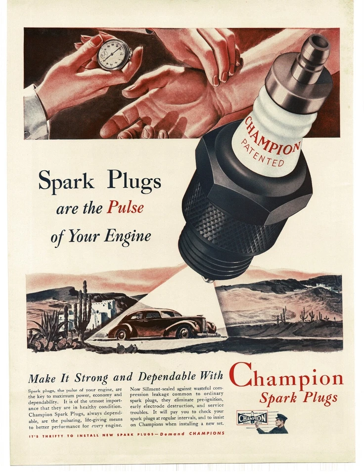 1939 Champion Spark Plugs car in desert art Vintage Print Ad - Image 1 of 1