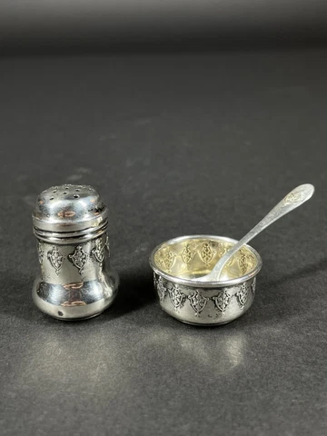 Antique Sterling Weidlich Salt Cellar w Spoon & Pepper Shaker Shield & Floral Cover