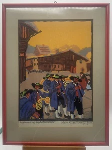 Dorfkonzert, farb. Holzschnitt, sign. R. Saurwein, Tyrol, - Bild 1 von 14
