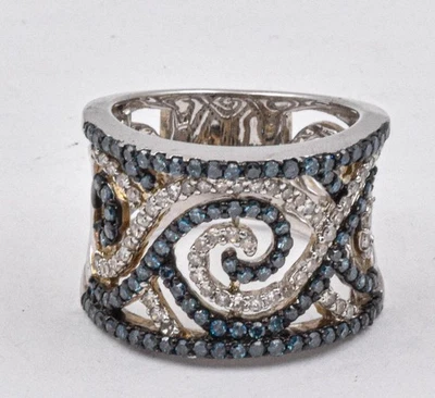 Estate Sterling Silver Mined CLEAR /Irradiated BLUE Diamonds wide band Ring 6.75 - Image 1 of 4