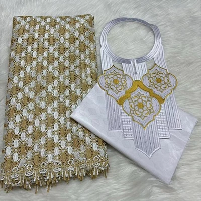 YQOINFKS Bazin Fabric African Cord Lace Mesh Cotton Fabric Party Dress Set Pink - Image 1 of 4