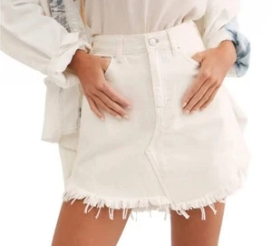 Free People NWT Bailey Coconut Ecru/White Fringe Hem Boho Denim Mini Skirt 27 - Picture 1 of 5