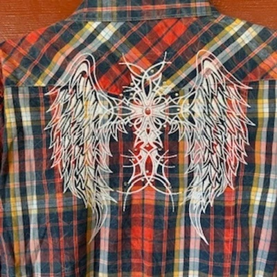 Rock & Roll Cowgirl Plaid Western Shirt Angel Wing Cross Embroidery Snap Sz XL - Image 1 of 4