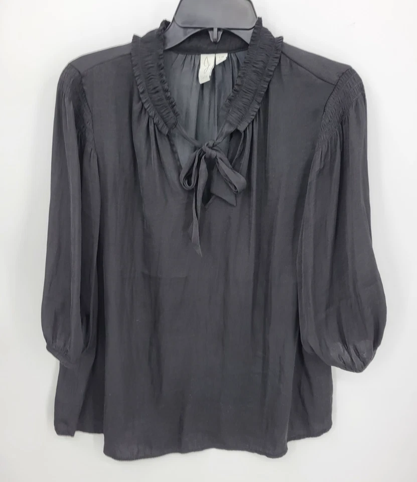 Blusa Joie Top Mujer Grande Negra Satén Manga Globo Volantes Cuello Popover Foto 1 de 4