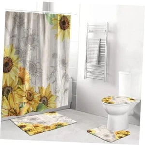 Bathroom Sets with Shower Curtain and Rugs -Flower Sunflower 4-Piece Yellow - Picture 1 of 8