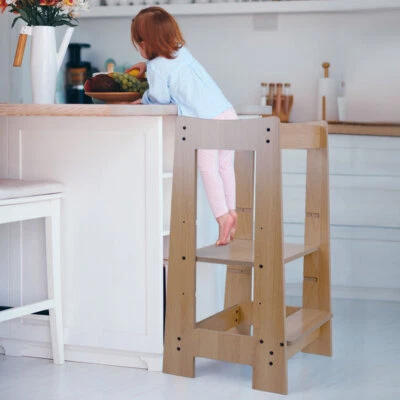 Lernturm Kindertritt Stehhilfe Höhe verstellbar Holz Kinderhocker braun H 80 cm - Bild 1 von 4