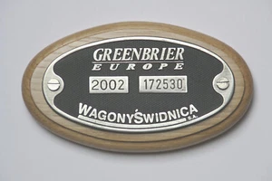 Waggonschild:  GREENBRIER EUROPE WAGONY SWIDNICA 2002, Eisenbahn, Fabrikschild - Bild 1 von 1