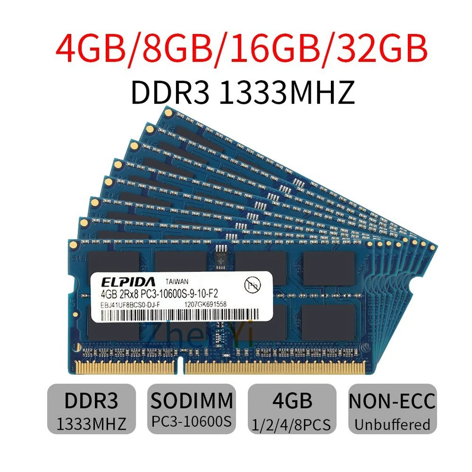 Elpida 32GB 16GB 8GB 4GB PC3-10600S DDR3 1333MHz 204Pin SODIMM Laptop RAM LOT AB - Image 1 of 4