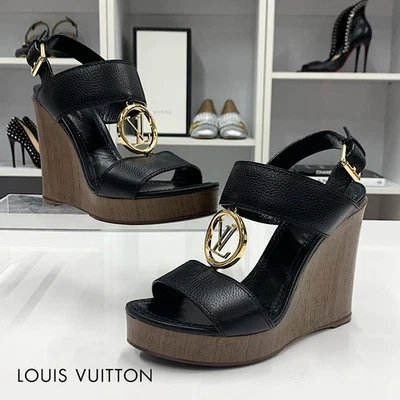LOUIS VUITTON Leather Wood LV Circle Wedge Sandals in Black Size EU 37 Women's - Image 1 of 4
