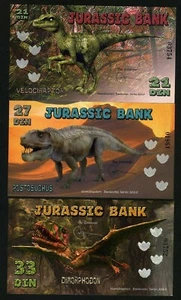 SET, Jurassic Bank, 21-27-33 Din, 2015 POLYMER, UNC 3 Note Dinosaurs Set F - Picture 1 of 2