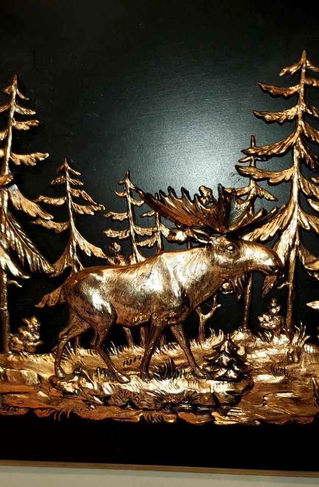  Wooden 11"x8" Wall Plaque Copper Moose Trees Scenery 3D Wall Art - Image 1 of 4