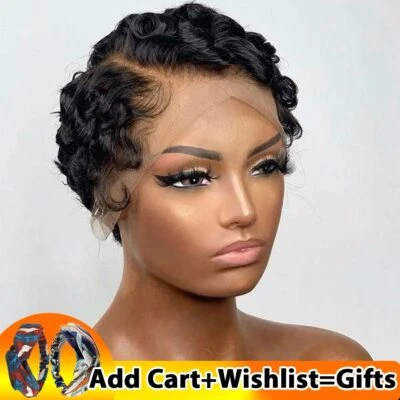 Short Wigs for Women Human Hair Finger Wave Wig Glueless Part Lace Frontal Wig - Image 1 of 4