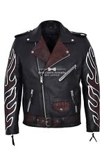 Men's Classic BRANDO Black OXRED Flame Biker Cowhide Real Leather Jacket MBF