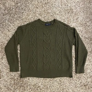 Polo Ralph Lauren Fisherman Sweater Mens L Green Cable Knit Split Side Acrylic - Picture 1 of 13