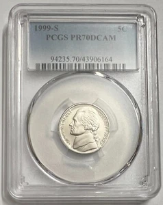 1999 S TYPE 1 PCGS PR70 DCAM DEEP CAMEO PROOF JEFFERSON NICKEL, PF70 COIN - Picture 1 of 2