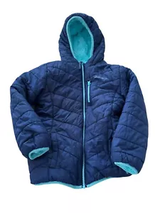 Eddie Bauer Kids Reversible Puffer Jacket Small 7/8 Blue Zip Up Hooded Outdoor - Picture 1 of 10