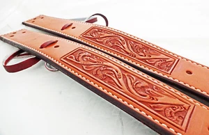 Par de palanquillas Billy Cook con flanco trasero cincha cuero tallado floral silla de montar caballo tachuela - Imagen 1 de 2