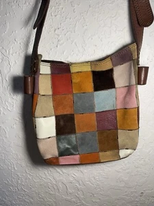 Lucky Brand Leather Suede Multicolor Patchwork Crossbody Shoulder Bag Boho Hobo - Picture 1 of 20